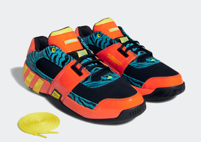 View of Gilbert Arenas' multi-colored Adidas shoes.